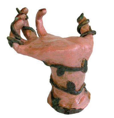 Student artwork of a ceramic hand covered in vines