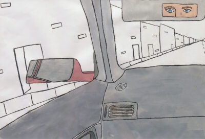 Student artwork of the interior of a car
