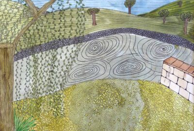 Student artwork of a park with weeping willow