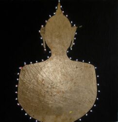 Gold leaf, acrylic paint and LED lights on canvas by Pirabhuni Pacharabusabong, Year 12, Geelong Grammar School Student artwork of a golden buddha with lights