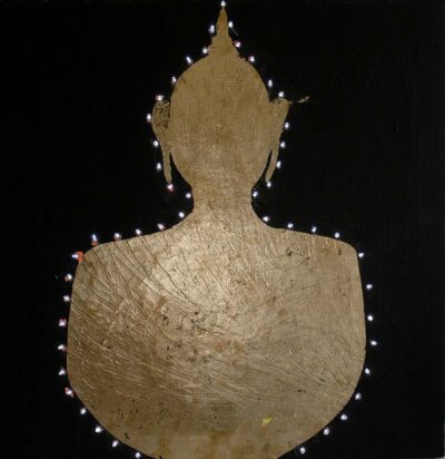 Gold leaf, acrylic paint and LED lights on canvas by Pirabhuni Pacharabusabong, Year 12, Geelong Grammar School Student artwork of a golden buddha with lights