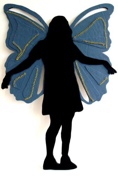 Felt and thread on board by Kelly Banks, Year 12, Geelong Grammar School Student art of a silhouette with wings