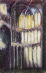 Pastel on paper by Harriet Laidlaw, Class 12, Little Yarra Steiner School Student artwork of a internal cathedral architecture