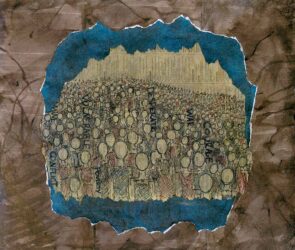 Ink and collage on paper by Rosie Eden, Class 11, Little Yarra Steiner School Student artwork of a faceless crowd