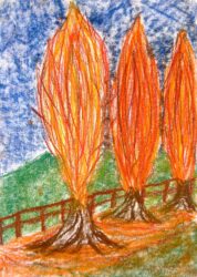 Pastel on paper by Hugh Brennan, Class 7, Little Yarra Steiner School Student artwork of a landscape with autumn trees