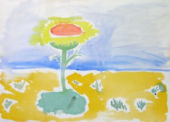 Watercolour on paper by Matilda Reynolds, Class 4, Little Yarra Steiner School Student artwork of a sunflower