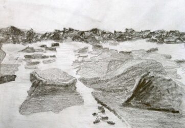 Pencil on paper by Rebecca Andre, Class 7, Little Yarra Steiner School Student artwork of a black and white landscape