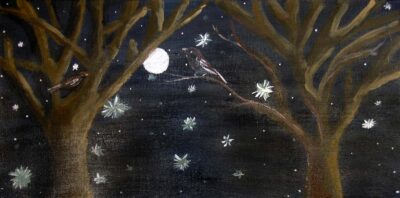 Acrylic on canvas by Zolaikha Anwary, Year 9, Minaret College Student artwork of a blackbird in a tree at night