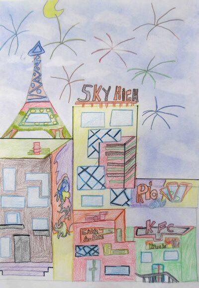 Pencil on paper by Khalid Taha, Year 3, Minaret College Student artwork of a cityscape with fireworks