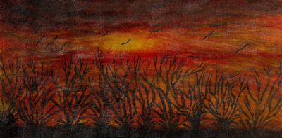 Acrylic on canvas by Sayma Bashir, Year 9, Minaret College Student artwork of a landscape with trees and birds at sunset