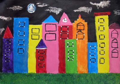 Acrylic on paper by Rashida Gharngeen, Year 3, Minaret College Student artwork of a cityscape
