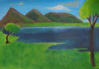 Acrylic on paper by Erini Kourtai, Year 8, Minaret College Student artwork of a lake with trees and mountains
