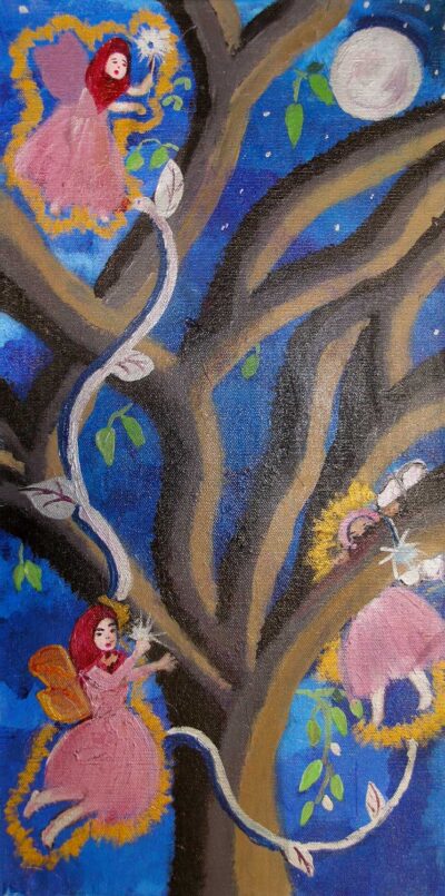 Acrylic on canvas by Mena Ghauss, Year 9, Minaret College Student artwork of fairies in a tree