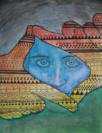 Student artwork of patterned hands obscuring a face