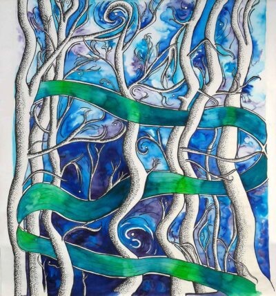 Student artwork of a winter landscape with green ribbon