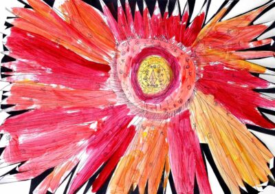 Acrylic and pen on paper by Effie Tedla, Year 1, Gilson College Student artwork of a flower