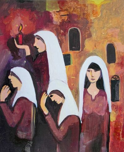Acrylic on board by Azra Vatic, Year 8, Al-Taqwa College Student artwork of a group of women wearing veils