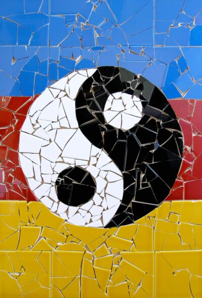 Mosaic on board by Ahmed Suliman, Year 11, Al-Taqwa College Student artwork of a mosaic yin yang