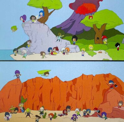 Student artwork of figures moving around a landscape