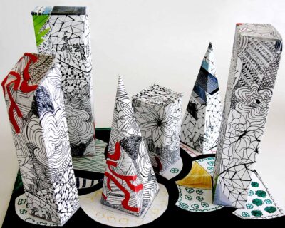 Mixed media on paper construction by Amy Li Ting Tung, Year 7, Beaconhills College Student artwork of a 3D cityscape