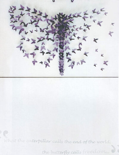 Paper construction and mixed media on canvas by Olivia Kershaw, Year 12, Beaconhills College Student artwork of a butterfly made from butterfly pins