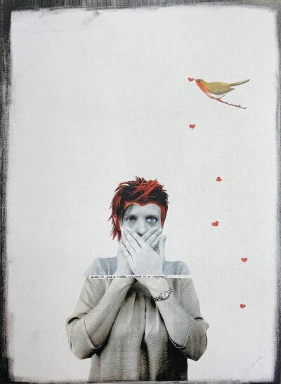 Student artwork of a portrait of a girl covering her mouth and a bird