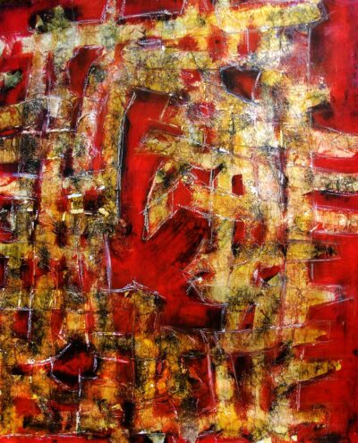 Mixed media and gold leaf on board by Emilie Wise, Year 1, Beaconhills College Student abstract artwork