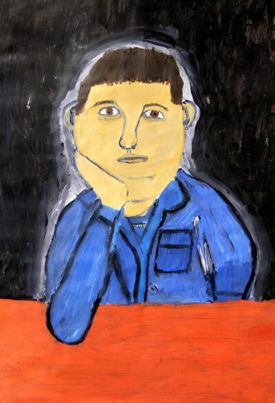 Acrylic on paper by Jessica Pila, Year 5, Bialik College Student artwork portrait of a boy in a blue shirt