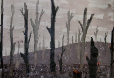 Mixed media by Jonathan Wirth, Year 10, Bialik College Student artwork of a burnt landscape
