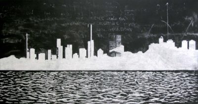 Chalk on blackboard by Jake Milgrom, Year 12, Bialik College Student artwork of a city scape