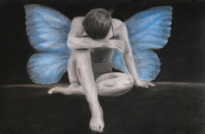 Charcoal by Hayley Blode, Year 12, Bialik College Student artwork of a person with wings