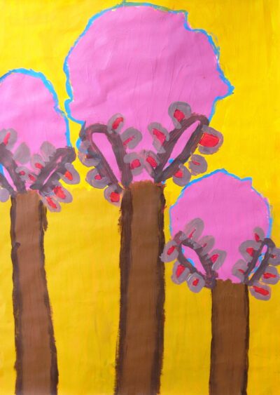 Acrylic on paper by Asher Berlinski, Year 5, Bialik College Student artwork of pink trees