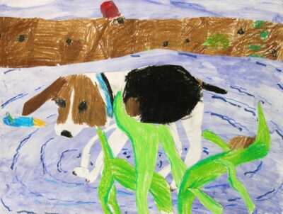 Collage on paper by Hudson Gelfand, Year 4, Bialik College Student artwork of a dog