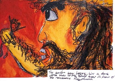 Watercolour and charcoal on paper by Olive Bergman, Class 6, Castlemaine Steiner School and Kindergarten Student artwork of Polyphemus Greek mythology