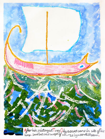 Watercolour and pastel on paper by Gabriel Lillington, Class 6, Castlemaine Steiner School and Kindergarten Student artwork of Odysseus' ship Greek mythology
