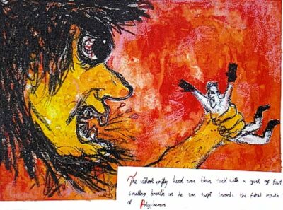 Charcoal and watercolour on paper by Galen Denahy, Class 6, Castlemaine Steiner School and Kindergarten Student artwork of Polyphemus Greek mythology