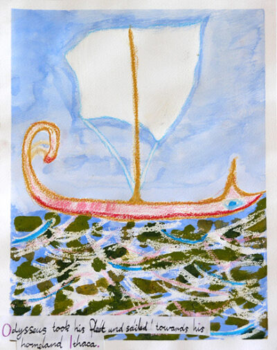 Watercolour and pastel on paper by Amelia Knight, Class 6, Castlemaine Steiner School and Kindergarten Student artwork of Odysseus' ship Greek mythology