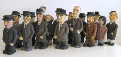 Ceramics and underglaze – Class project by Anna Gelai, Beth Yeoman, Bronte Robertson, Chloe Mowson, Claudia Main, Gabrielle Lovell, Isabella Guirina, Isabella Schaffer, Isabelle Campbell, Jessica Hooley Davis, Katherine Carmichael, Louise Walker, Maddy Osbourne, Marzia Finzi, Samantha Dick and Tracy Lee, Year 10, Firbank Grammar School Student artwork of ceramic figurines