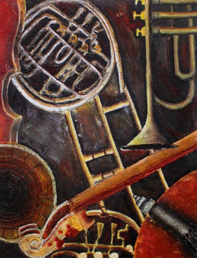 Collage – Elsa James, Year 11, Firbank Grammar School Student artwork of a still life with musical instruments