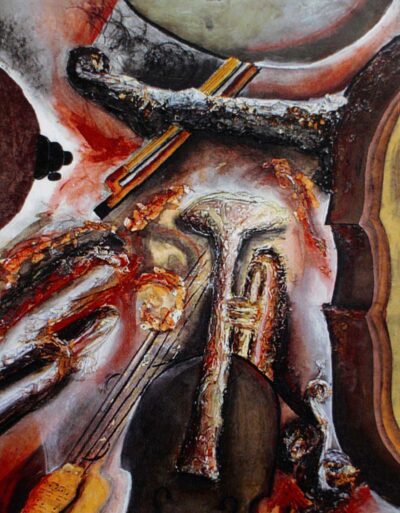 Collage – Kate Cork, Year 11, Firbank Grammar School Student artwork of a still life with musical instruments