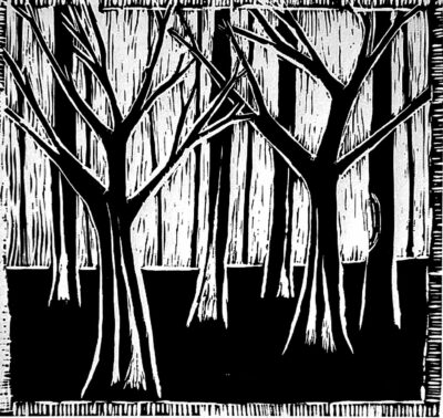 Lino cut print – Isabella Stafford, Year 8, Firbank Grammar School Student artwork of lino cut trees