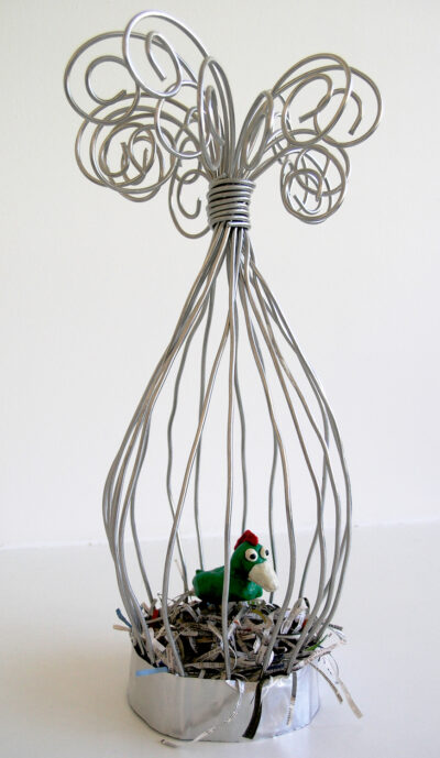 Mixed media – Joakim Antoniadis, Year 7, Penleigh and Essendon Grammar School Student artwork of a bird inside a wire cage