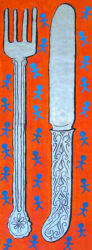 Acrylic on paper β David Dirienzo, Year 9, Penleigh and Essendon Grammar School Student artwork of cutlery on an orange background