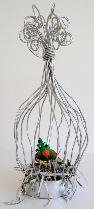 Mixed media – Hayden Bond, Year 7, Penleigh and Essendon Grammar School Student artwork of a bird inside a wire cage