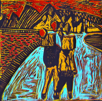 Colour lino print – Justin Seidel, Year 10, Penleigh and Essendon Grammar School Student artwork of the Sydney Harbour Bridge in surrealist style