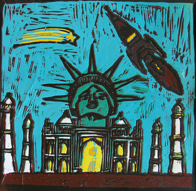 Colour lino print – Aziz Rawal, Year 10, Penleigh and Essendon Grammar School Student artwork of the Taj Mahal in surrealist style