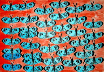 Watercolour and pencil – Kira Maher, Year 11, Shelford Girls’ Grammar Student artwork of blue butterflies on an orange background