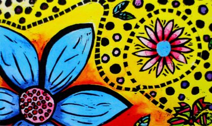 Hand coloured print – Melanie Ioannidis, Year 9, Shelford Girls’ Grammar Student artwork of flowers on a yellow background