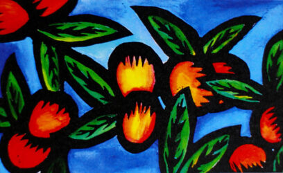 Hand coloured print – Candace Hughes, Year 9, Shelford Girls’ Grammar Student artwork of oranges with leaves