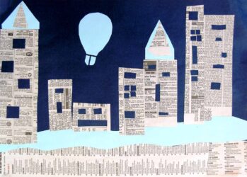 Student artwork of a newspaper print landscape